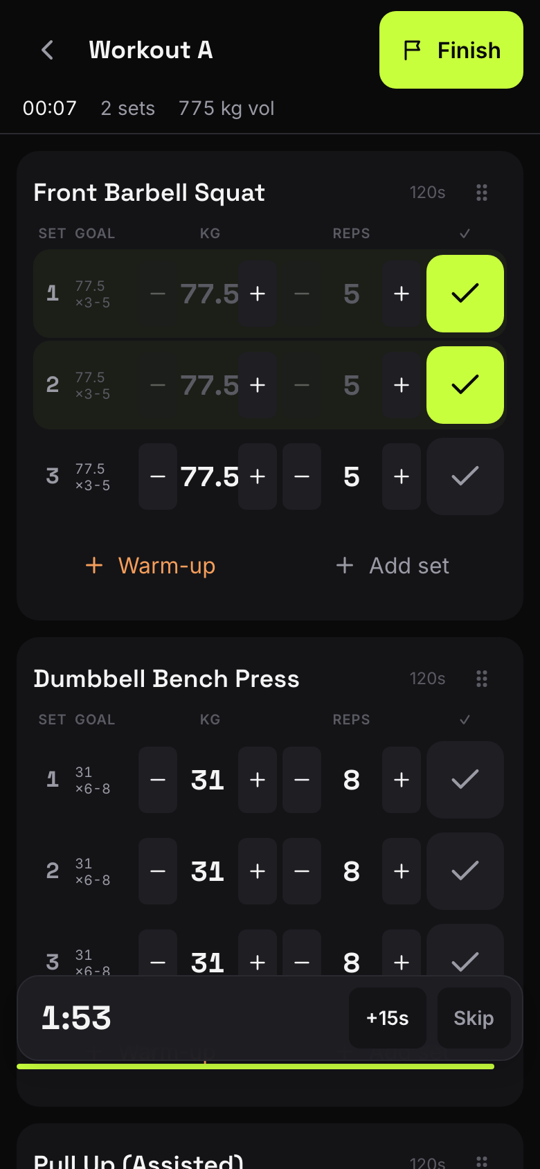 Chalk's workout screen: three front squat sets with two ticked off and a rest timer counting down from 1:53.